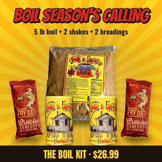 The Boil Kit: 5 lb White Trash Boil, two Bayou Trash Shakes, and two You Gotta Fry Dat breading mixes